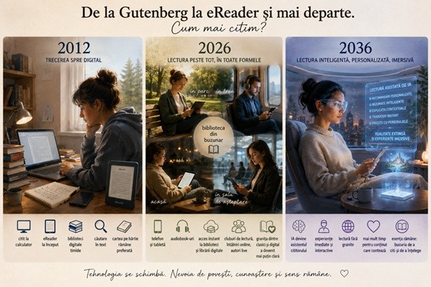 Figura 9. De la Gutenberg la eReader și mai departe – lectura între 2012, 2026 și 2036. Imagine generată cu ajutorul inteligenței artificiale.